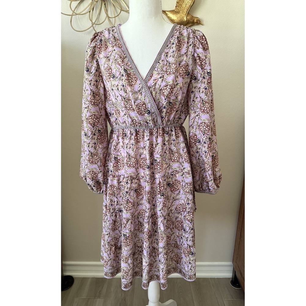 Max Studio London Lilac Floral Empire Waist Midi Dress Boho Long Sleeve‎ S